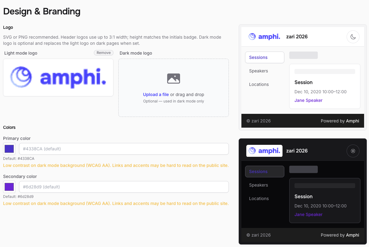 The Design & Branding screen in the Amphi admin: light and dark mode logo upload, primary and secondary color fields, and a live preview of the public site in both modes.