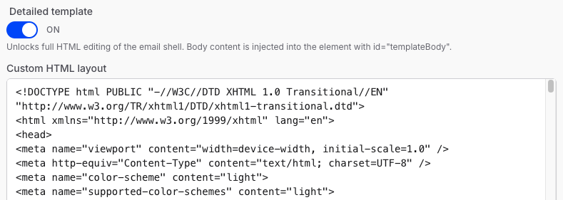 Email template settings in Amphi: the Detailed template switch turned on and the Custom HTML layout field below it holding the sample HTML structure.
