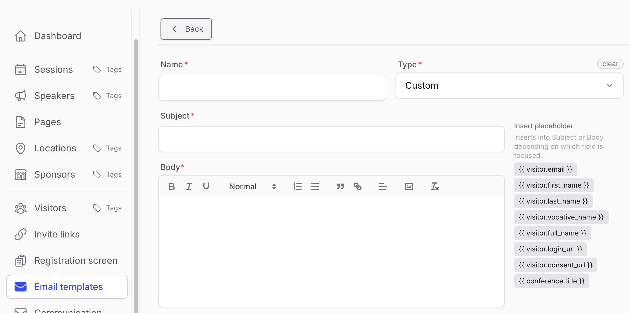 Email template detail in the Amphi admin with the Custom type selected.